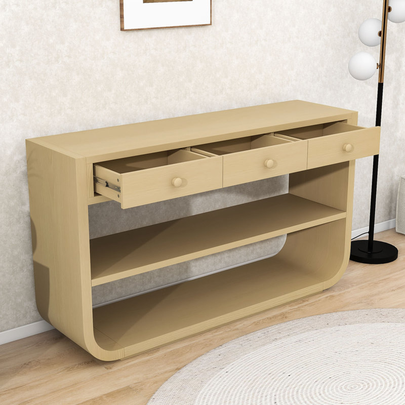 Console courbée avec lignes élégantes, tiroirs et tablette de rangement, Naturel