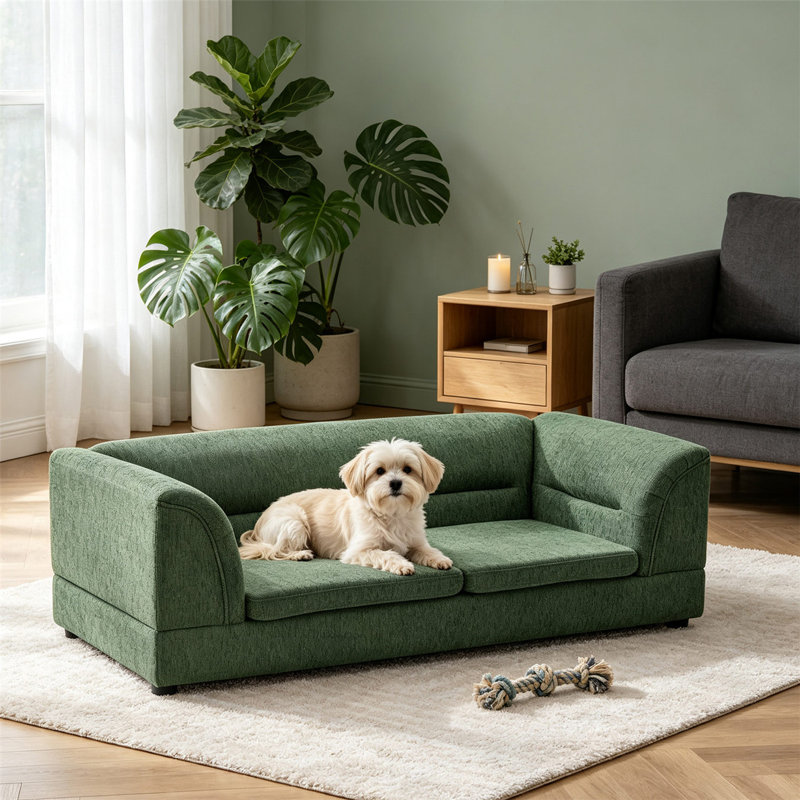 Oversized Linen Pet Sofa For Large & Oversized Dogs, Rectangular Design With Backrest, Armrests And Cushion, Olive Green