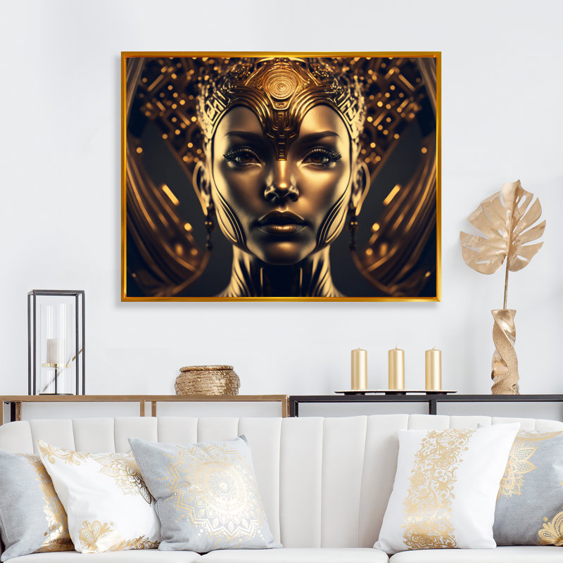 «Futuristic Golden Goddess III», reproduction sur toile, H 34 po x l 44 po x P 1,5 po, Cadre flottant doré