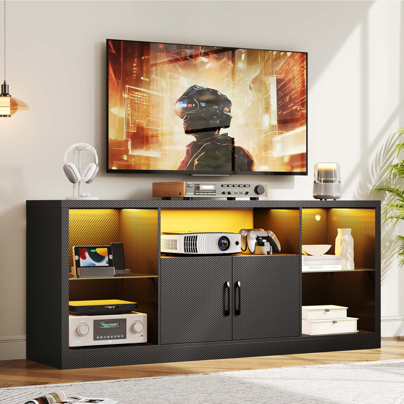 TV Stand For TVs 65 Inch With Power Outlet And Led Lights, Carbon Fiber Entertainment Center With Storage Cabinets, Adjustable Glass Shelves, Modern TV Stands For Living Room, Black
