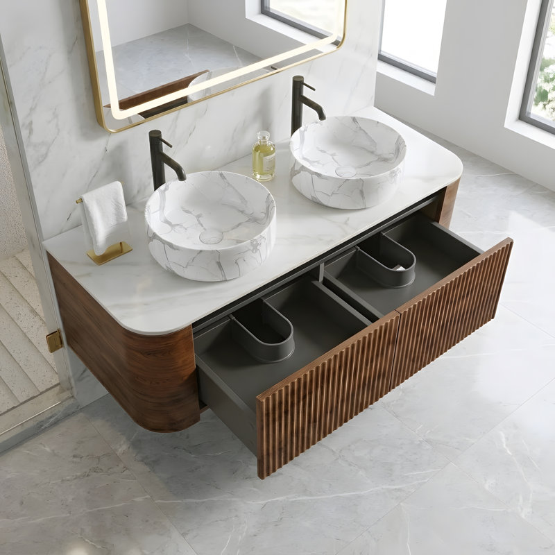 Meuble-lavabo mural de 60 pouces avec lavabo rond double à rayures blanches Carrara et tiroirs de rangement, Noyer, 60