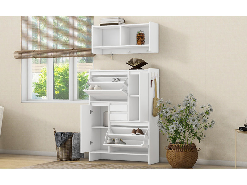 Hall Tree 31.5'' Wide with Shoe Storage, White