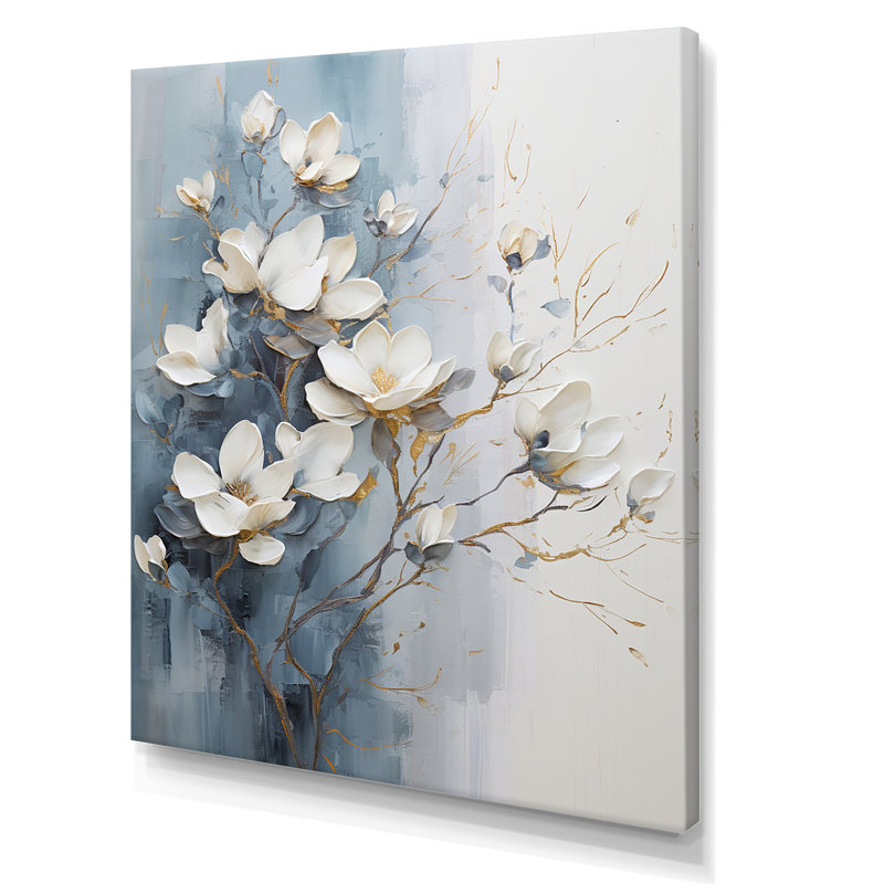 «Magnolias II», art mural bleu et blanc sur toile, Toile tendue, H 32 po x l 24 po x P 1 po