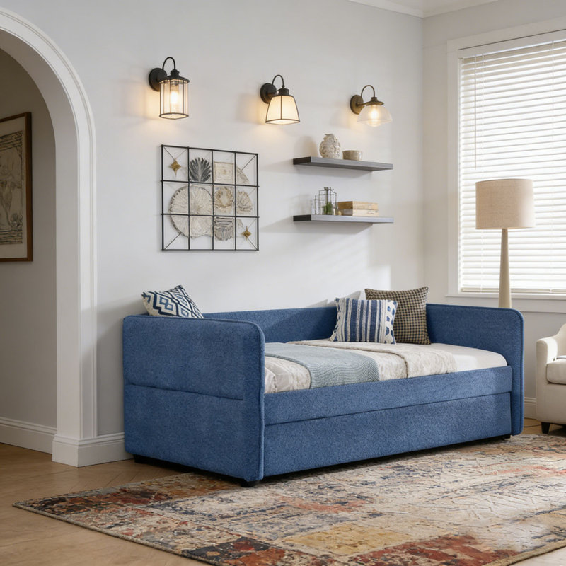 Boucle Fabric Daybed, Blue-Pop-up-Trundle, Twin