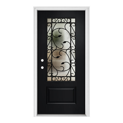 36 po X 80 po Porte d'entrée noire en fibre de verre, ouverture vers la droite, verre givré