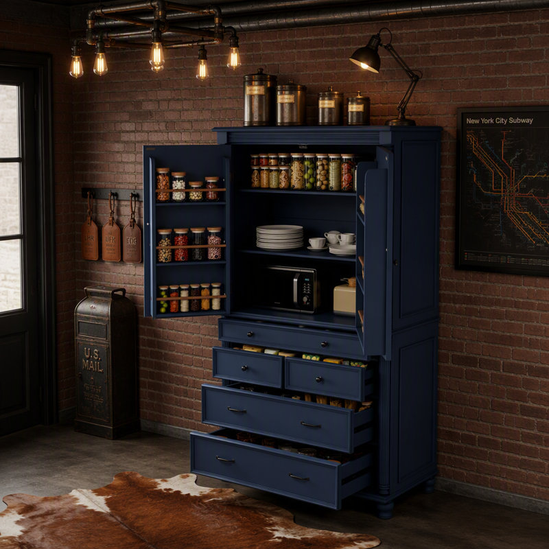 Grand garde-manger autoportant, grande armoire de rangement de 43,3 x 20 x 77,3 pouces avec 6 tablettes de porte, 2 tablettes réglables et 5 tiroirs, bleu