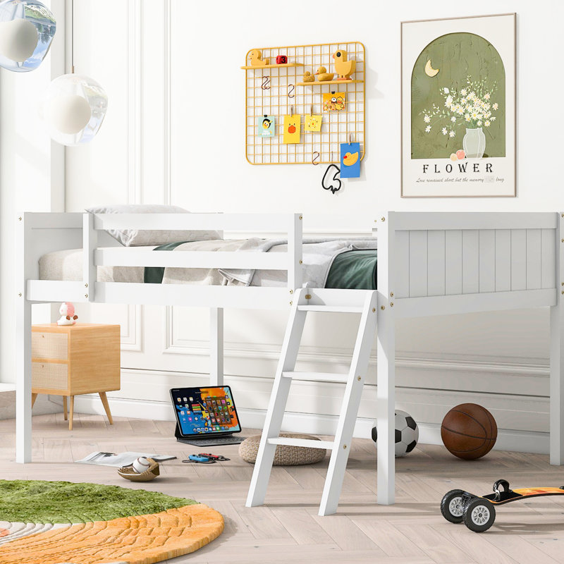 Lit mezzanine bas en bois blanc avec lit escamotable - Solution d'espace pour la chambre à coucher