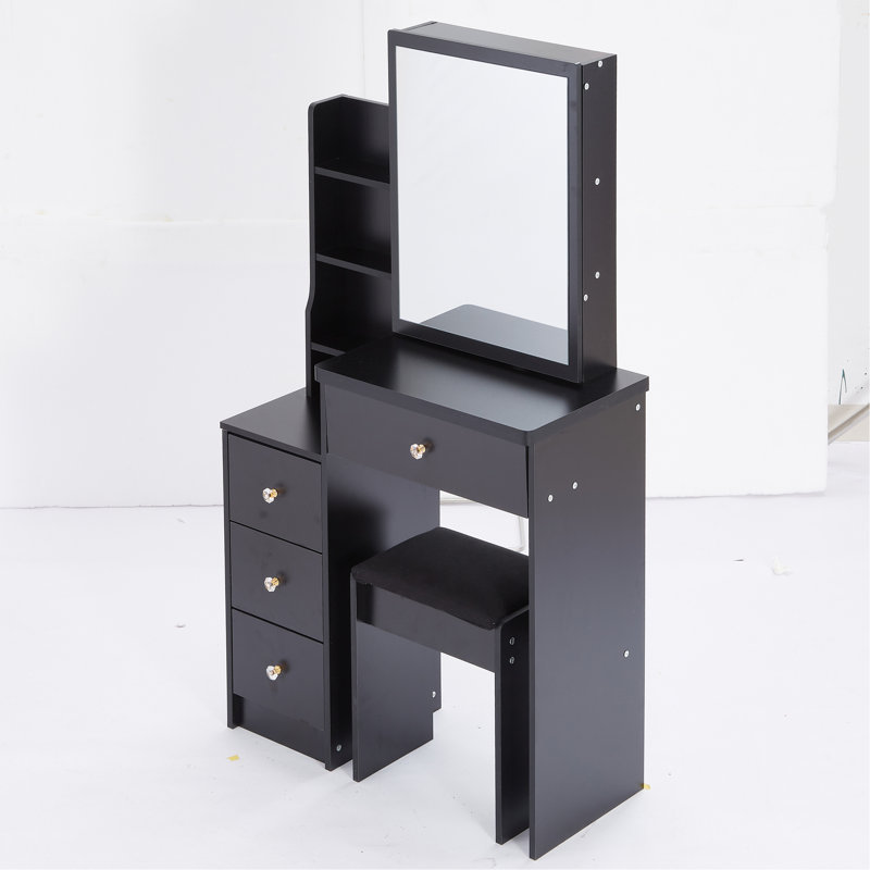 29.2" Small Space Left Bedside Cabinet Vanity Table + Cushioned Stool, Extra Large Right Sliding Mirror, Multi Layer High Capacity Storage, Practical Fashionable Dresser, Suitable For Small Space