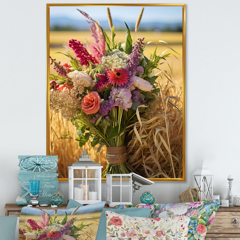 Assortiment de bouquets à la ferme IV sur toile, H 40 po x l 30 po x P 1,5 po, Cadre flottant doré