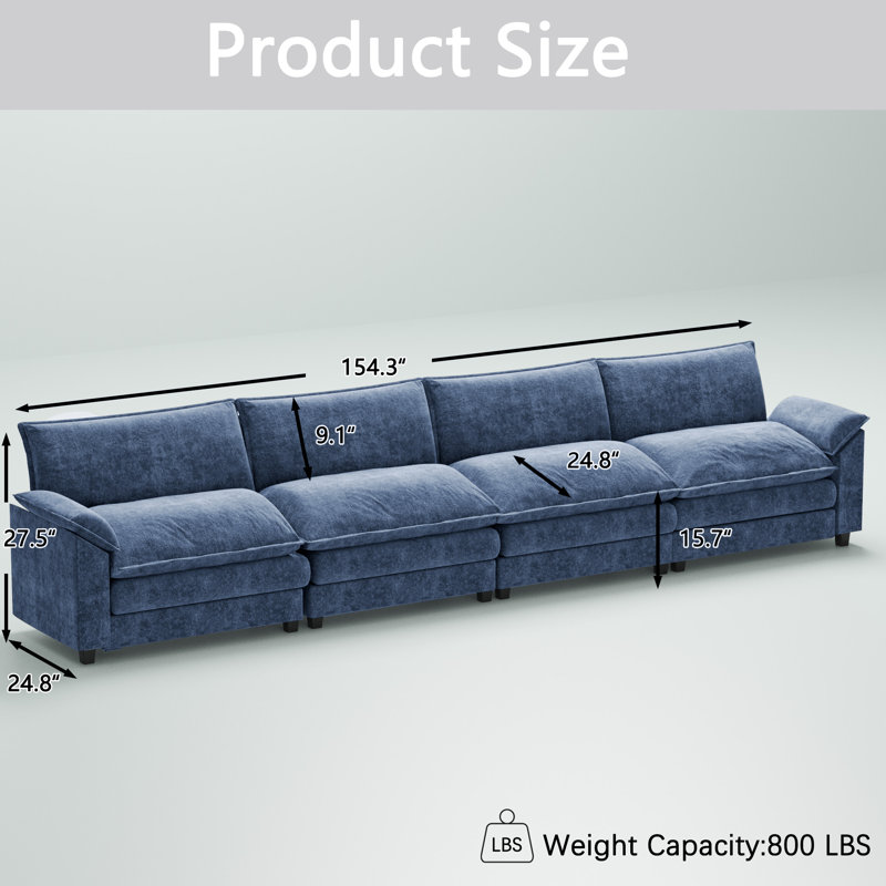 154" Ultra long Chenille modern combination low foot sofa, Can be split, Combined, Blue Chenille