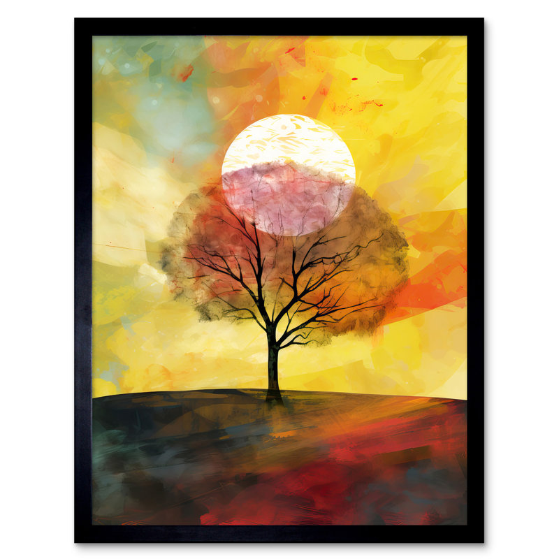 Tario Large Sun Setting Behind A Lonely Tree On A Hill - Single Picture Frame Print