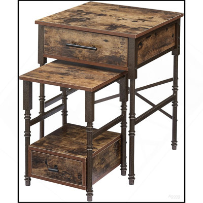 Tables de bout gigognes avec tiroirs, structure en métal et plateau en bois, petites et grandes tables d'appoint empilables pour le salon, la chambre à coucher et le canapé (brun)