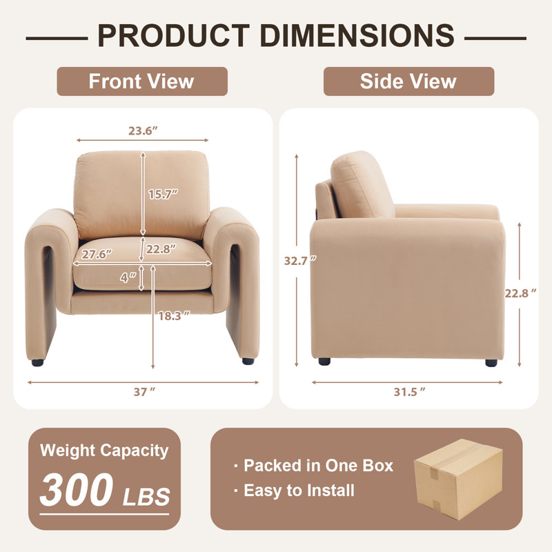  Chaise d'appoint rembourrée en velours avec grand bras arqué, Velours brun clair