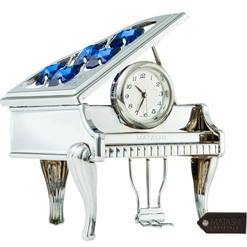 Silver Chrome Piano Desk Clock with Blue Crystals