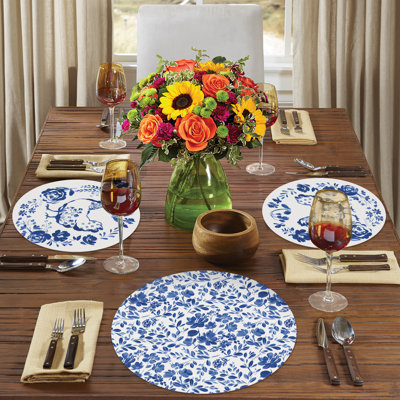 Painted Blue Flowers 4 Pack Round Reversible Easy-Care Placemats