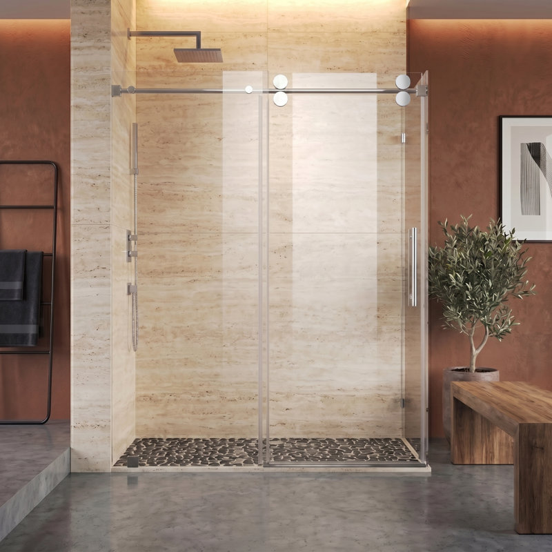 Cabine de douche coulissante sans cadre de l 60 po x P 35 po x H 76 po avec verre transparent chromé de 3/8 po, Chrome