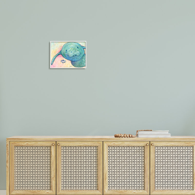 Lamantin souriant, faune aquatique, H 11 po x l 14 po x P 1,5 po, Giclée encadrée blanc bord de mer