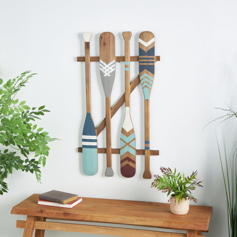 Wood Arrow and Stripe Patterned Paddle Home Wall Decor with Muted Blue Accents, Brown