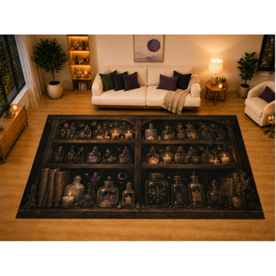 Tapis pour apothicaire de style sorcière "ultra léger" 6 pi 7 po x 9 pi 10 po pour chambre de salon, envers antidérapant doux à poils courts, décoration gothique noir brun