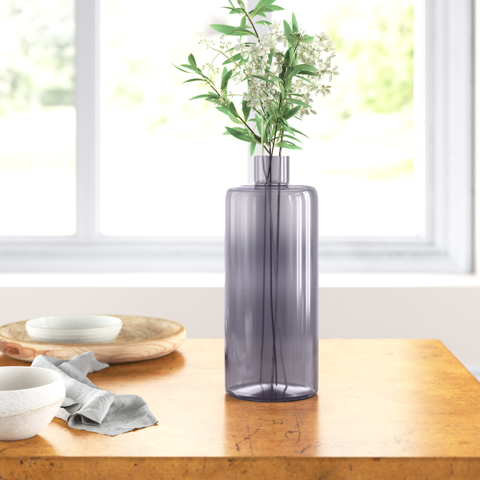 Serena 10'' Handmade Glass Table Vase, Gray, 10"H x 4"W x 4"D