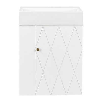 Meuble-lavabo de 20 po avec lavabo en céramique, porte à motif de losanges, poignées dorées et tablettes de rangement latérales - petit cabinet moderne avec barre à serviettes, fabrication en panneau de fibres à densité moyenne, assemblage requis