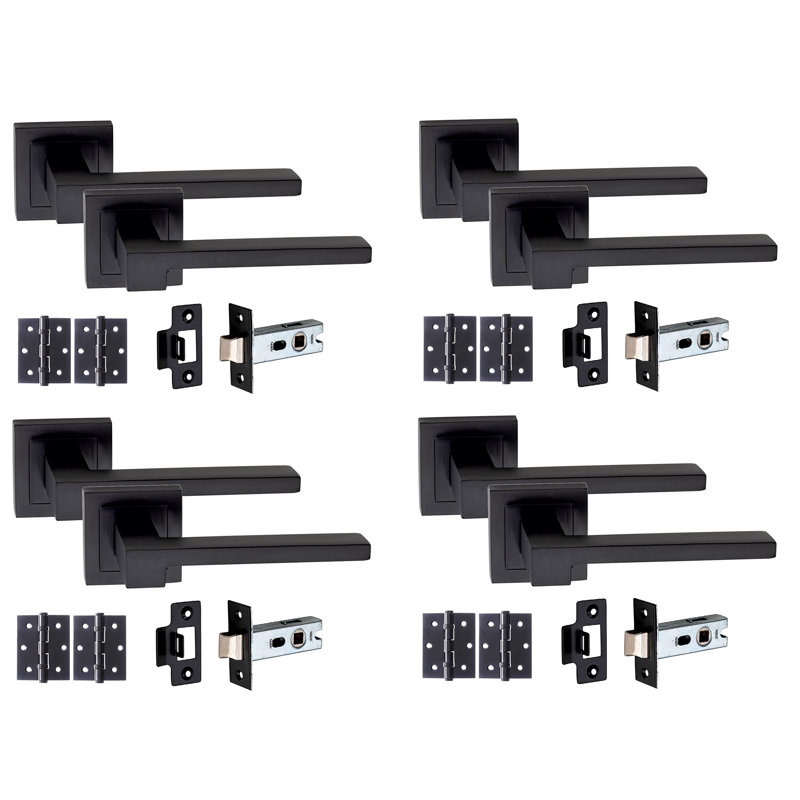  4 Pairs Zeta Design Door Handles Lever Latch on Square Rose in Matt Black Finish with Tubular Latch and Pair of 3" Ball Bearing Hinges