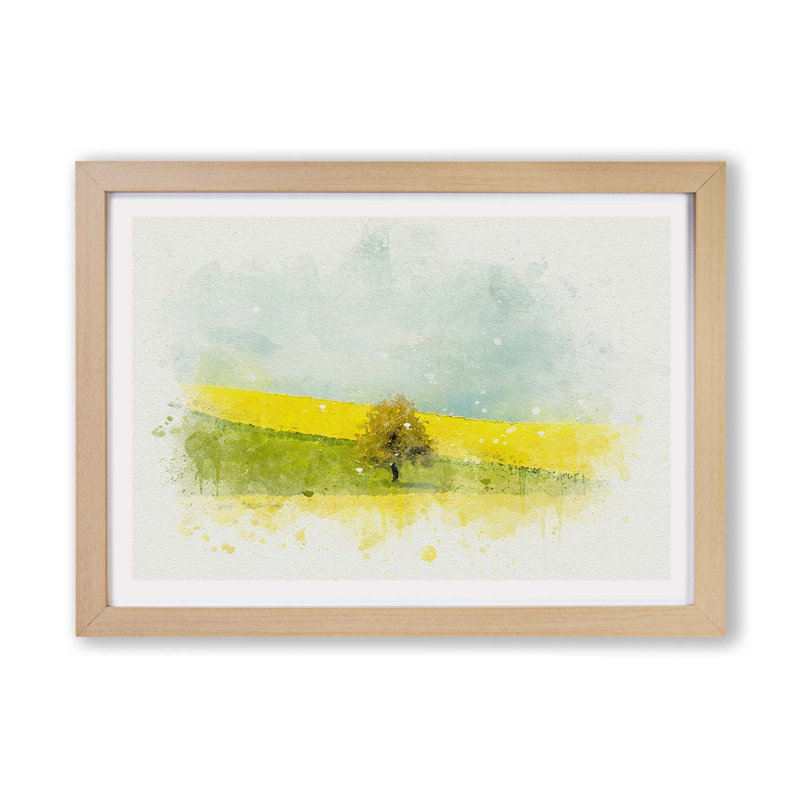 Lone Tree in a Yellow Meadow - Framed Print, 33cm H x 45cm W x 2cm D, Oak