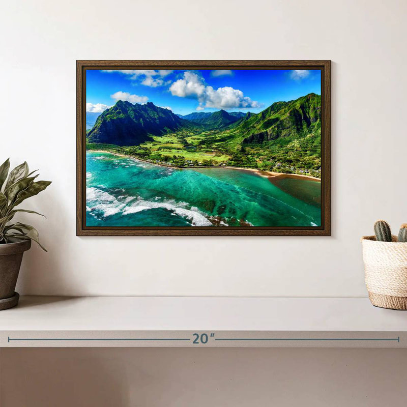 Paysage côtier de Kualoa, 13 po x 9 po, Cadre flottant en noyer