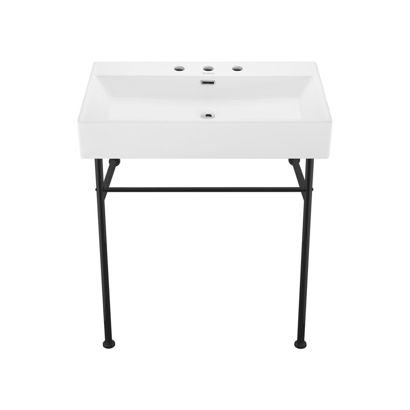 Claire 30" Console Sink White Basin Chrome Legs With 8" Widespread Holes, White/Matte Black
