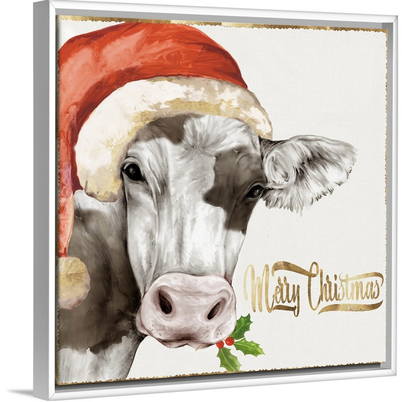 Vache de Noël - reproduction d'art sur toile, Cadre blanc, H 18 po x l 18 po x P 1,75 po