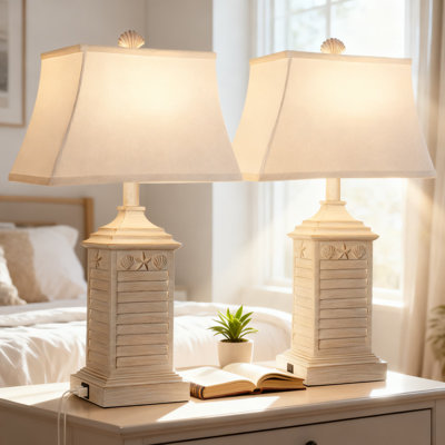 Table Lamps Set Of 2 With Usb A+C Charging, 3-Way Color Temperature Led Bulbs Included, Modern Washed White Resin Nautical Design For Bedroom Nightstand Or End Table
