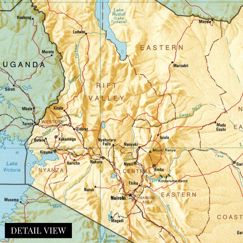 Affiche historique de la carte du Kenya de 18 x 24 pouces de l'Histixix, impression d'art mural du Kenya - carte de Kenya - Afrique
