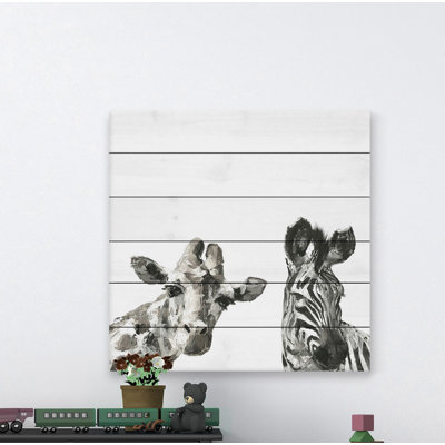 'Giraffe And Zebra II' Art Print on White Wood