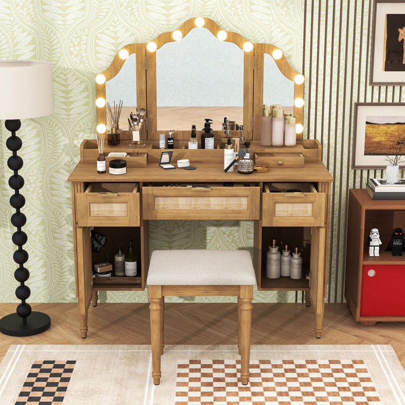 Vanity Desk with Tri-Fold Mirror, LED Bulbs, Drawers, Cabinets, Cushioned Stool and Charging Station, Natural