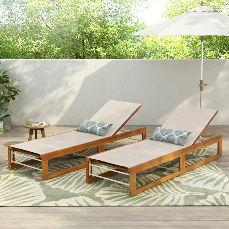 Set Of 2 Modern Acacia Wood Chaise Lounge For Outdoor, Brown, 2