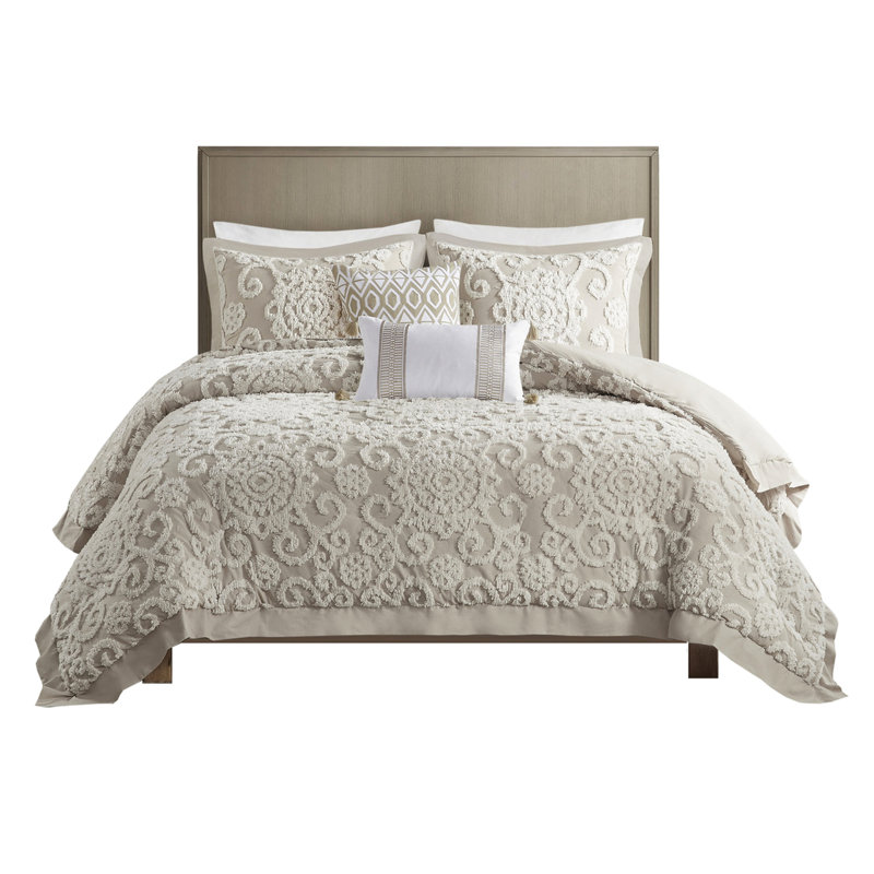 Housse de couette en coton taupe pour lit double / grand avec magnifique broderie en chenille capitonnée, Taupe