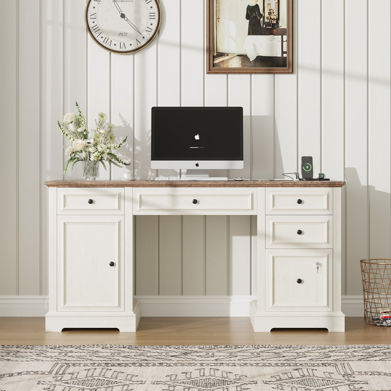 60-Inch Executive Office Desk With Farmhouse Style, Black Cabinets, 5 Drawers, Adjustable File Storage, Keyboard Drawer, Cabinet Shelf, Ac Outlets & Usb Ports