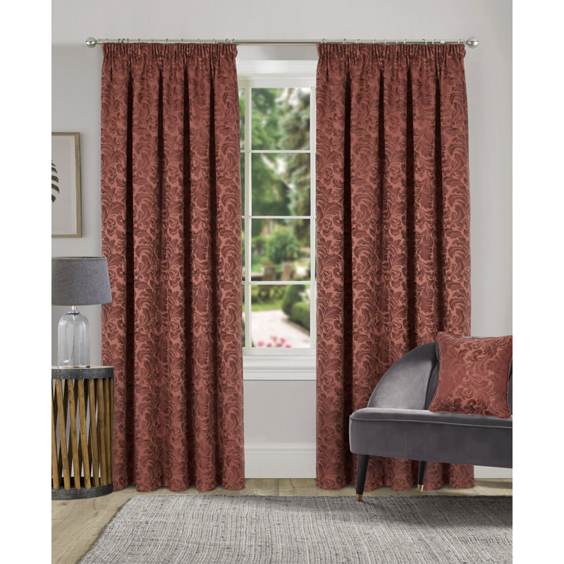 Hallas Pencil Pleat Damask Jacquard Curtains, Terracotta, 165 W x 137 D cm
