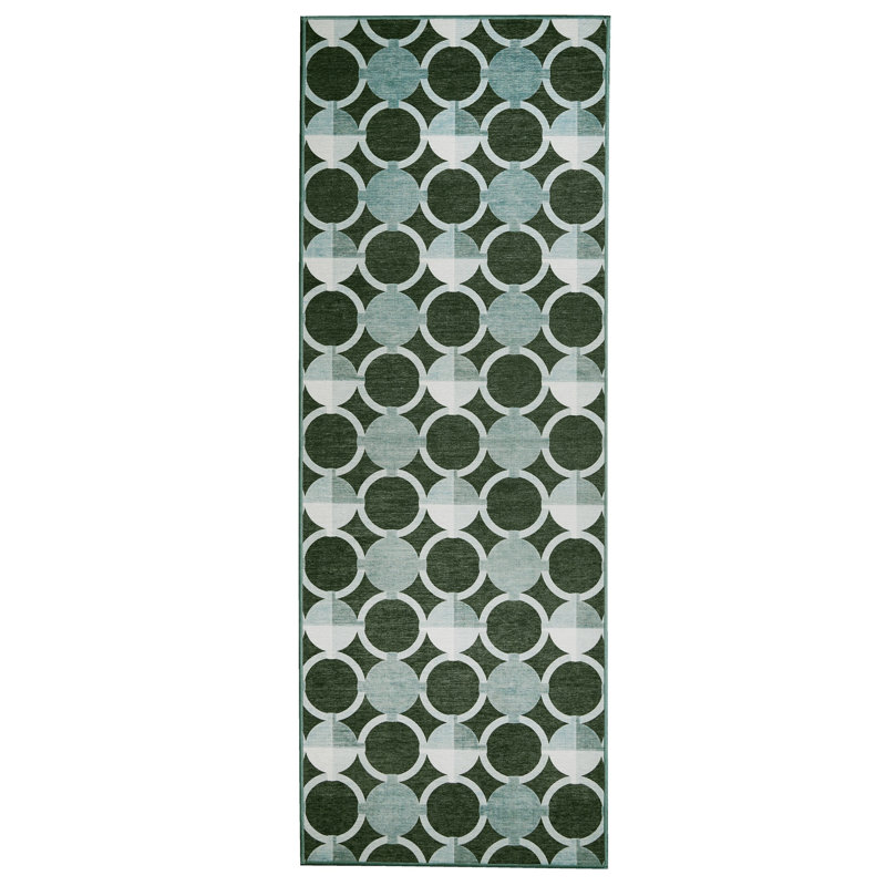 Dark Sage Green Geometric Washable Runner Rug