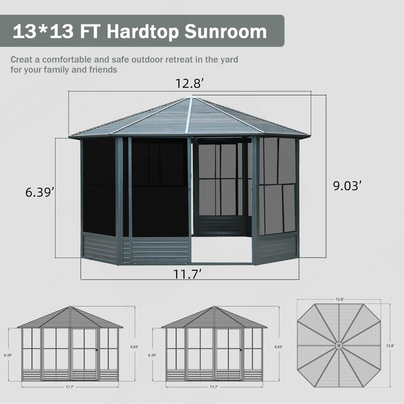Solarium octogonal 13 po x 13 pi avec véranda, abri pour la cour extérieure avec porte coulissante verrouillable, écran d'ordinateur mobile, toit incliné en acier galvanisé