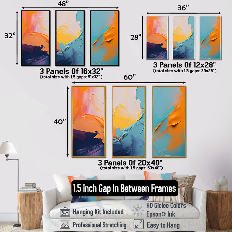 «Blue and Orange Paint Expression 1», art mural abstrait, H 28 po x l 36 po x P 1 po, Cadre flottant noir