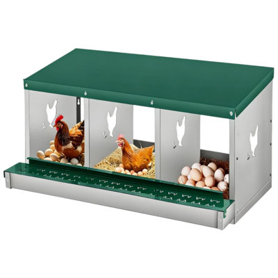 Chicken Nesting Box, 3 Room Galvanized Steel Laying Boxes, Metal Nesting Boxes for Hens with 10 Pads & 4 Fake Eggs, Easy Egg Collection, Vented Holes Poultry Nest for Chicken Coop, Green