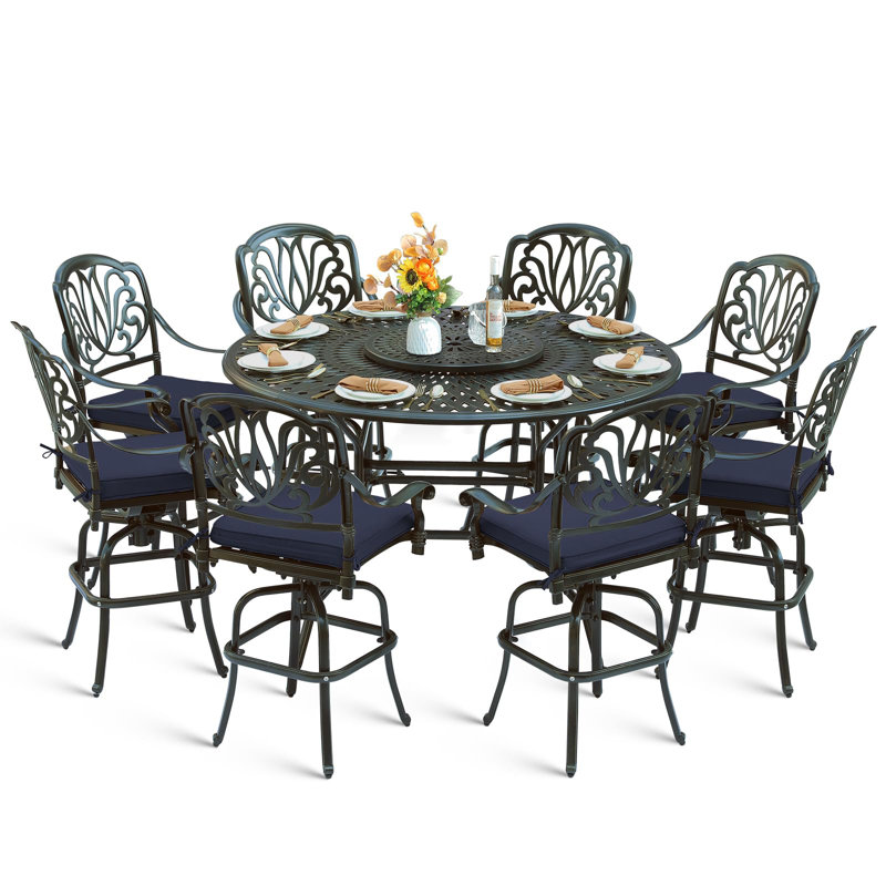  10-Piece Outdoor High Patio Dining Set, Free-Rust Cast Aluminum Patio Bar Table And Chairs Set, Includes 8 Swivel Bar Stools & 61" Bar Height Dining Table W/ 24" Lazy Susan, Umbrella Hole