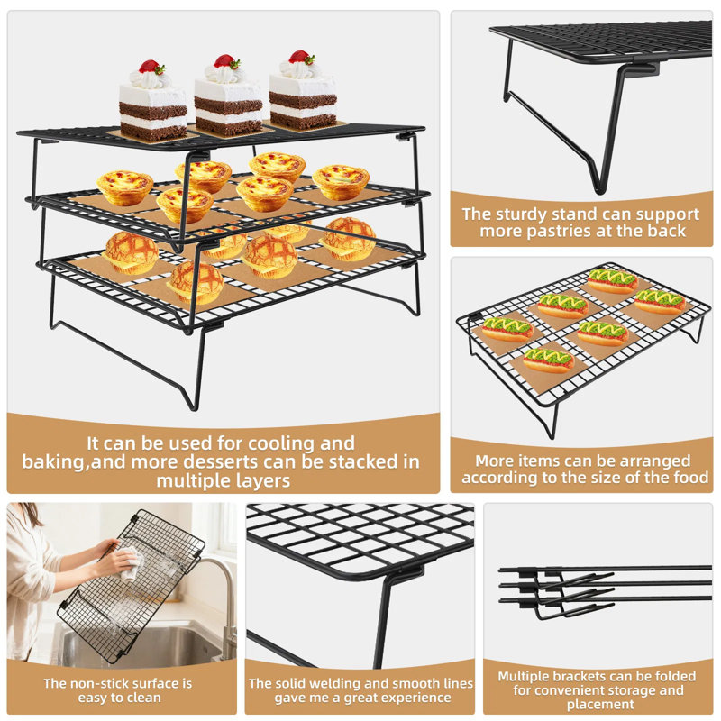 Cet ensemble de refroidisseurs à biscuits pliables à 3 niveaux comprend un grand support de cuisson en métal de 17 po x 11 po avec 100 feuilles de papier cuisson antiadhésif. Sa conception empilable et peu encombrante le rend idéal pour rafraîchir les pizzas et les gâteaux.