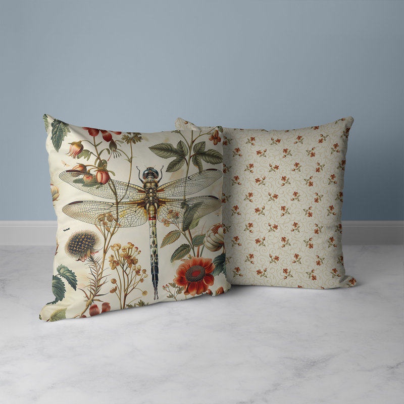 Dragonfly Fairytale Indoor/Outdoor Square Throw Pillow, Red/Beige, 16"H x 16"W