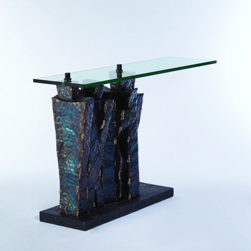 Brutalist Brass Braised Metal & Glass Console Table