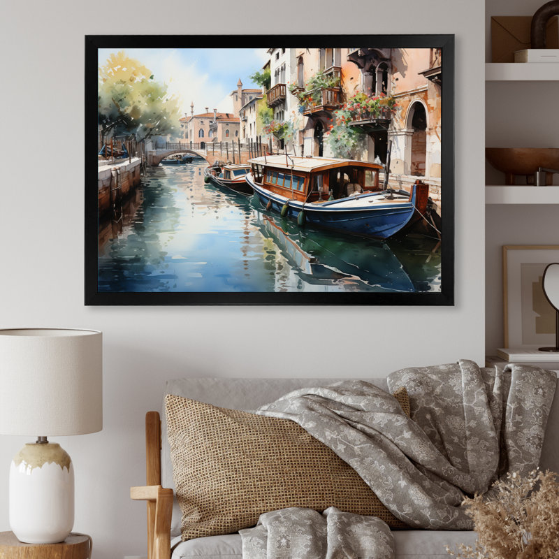 «Beige Canal Watercolor Whimsy I», reproduction sur toile, Cadre flottant doré, H 30 po x l 40 po x P 1,5 po