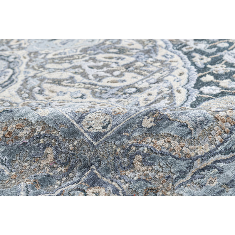 Hand Knotted Oriental Area Rug in Black/Gray/Ivory/Gold, Rectangle 6' x 9'