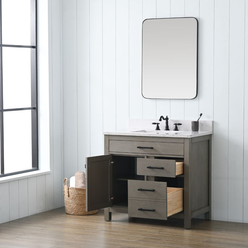 Ajiya 36" Single Bathroom Vanity Set, Textured Gray/Matte Black, Carrara White