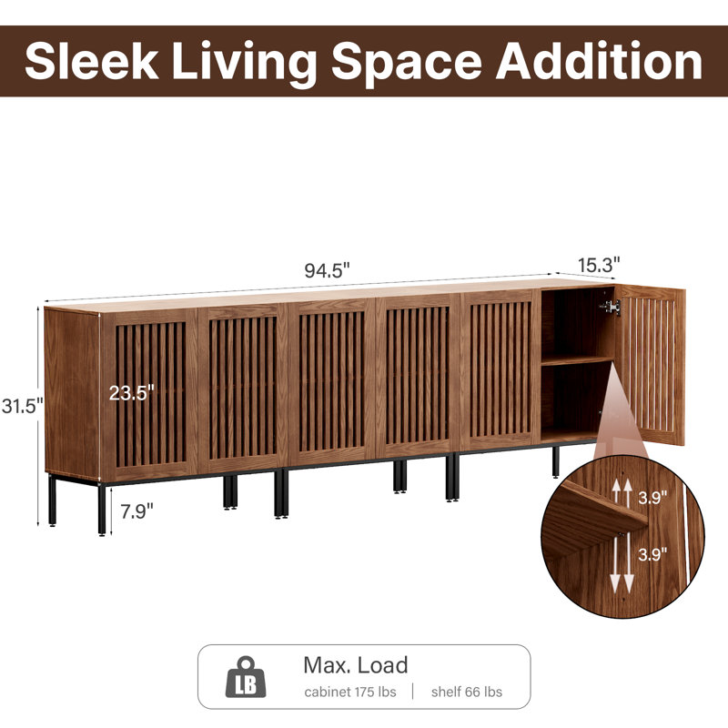 Modern Buffet 90 Inch, 3 In 1 Entertainment Centre Tv Console With Storage Cabinets And Metal Base, Brown